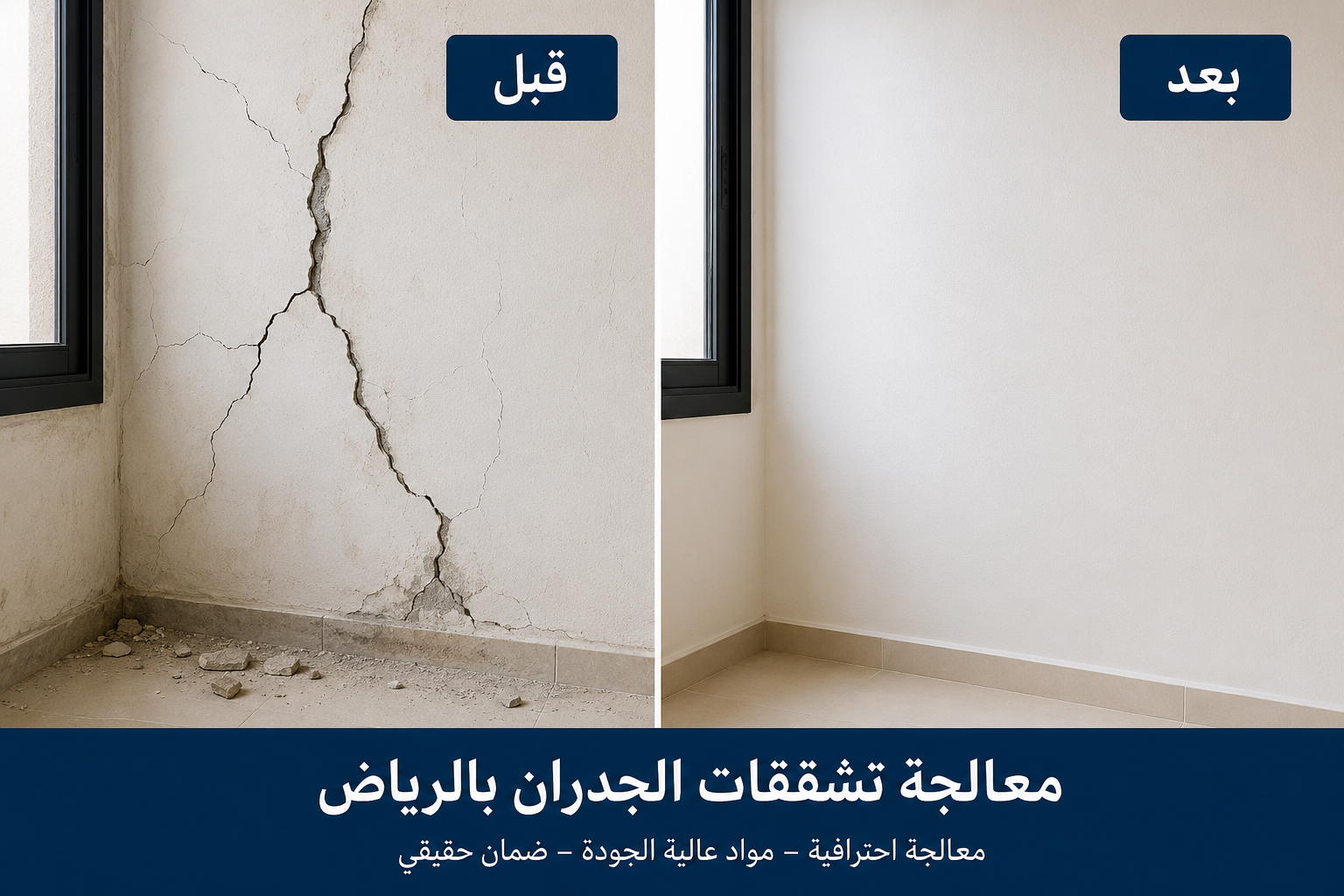 معالجة تشققات الجدران بالرياض قبل وبعد الإصلاح